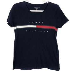 Tommy Hilfiger Classic Embroidered Spell-out T-Shirt Size Small Navy Blue Logo S